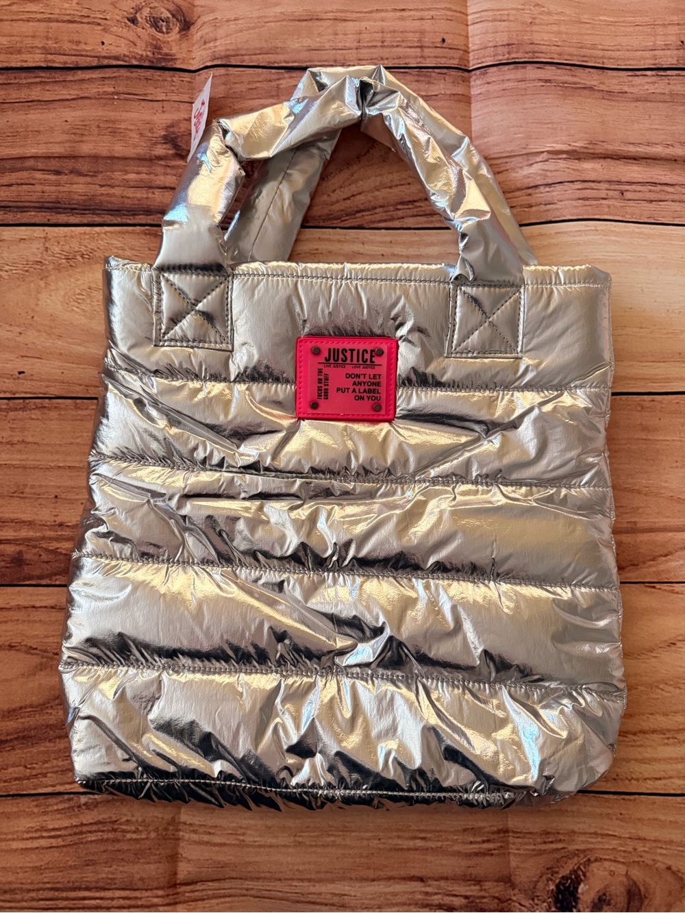 Justice Shiny Silver Quilted Tote with Pink Logo Patch